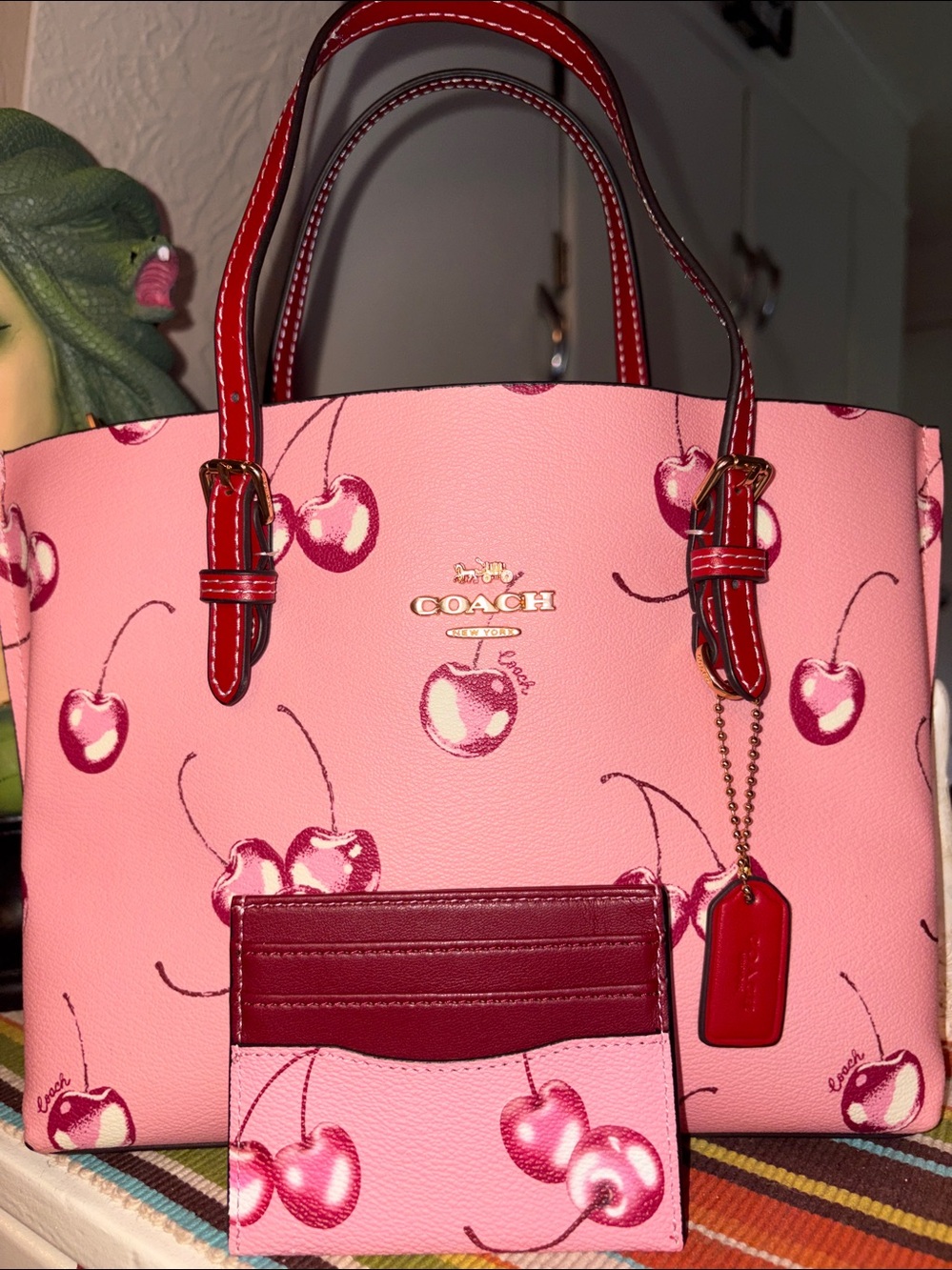 Coach Mollie Tote 25 Pink Cherry Print with Card/ID Case NWOT